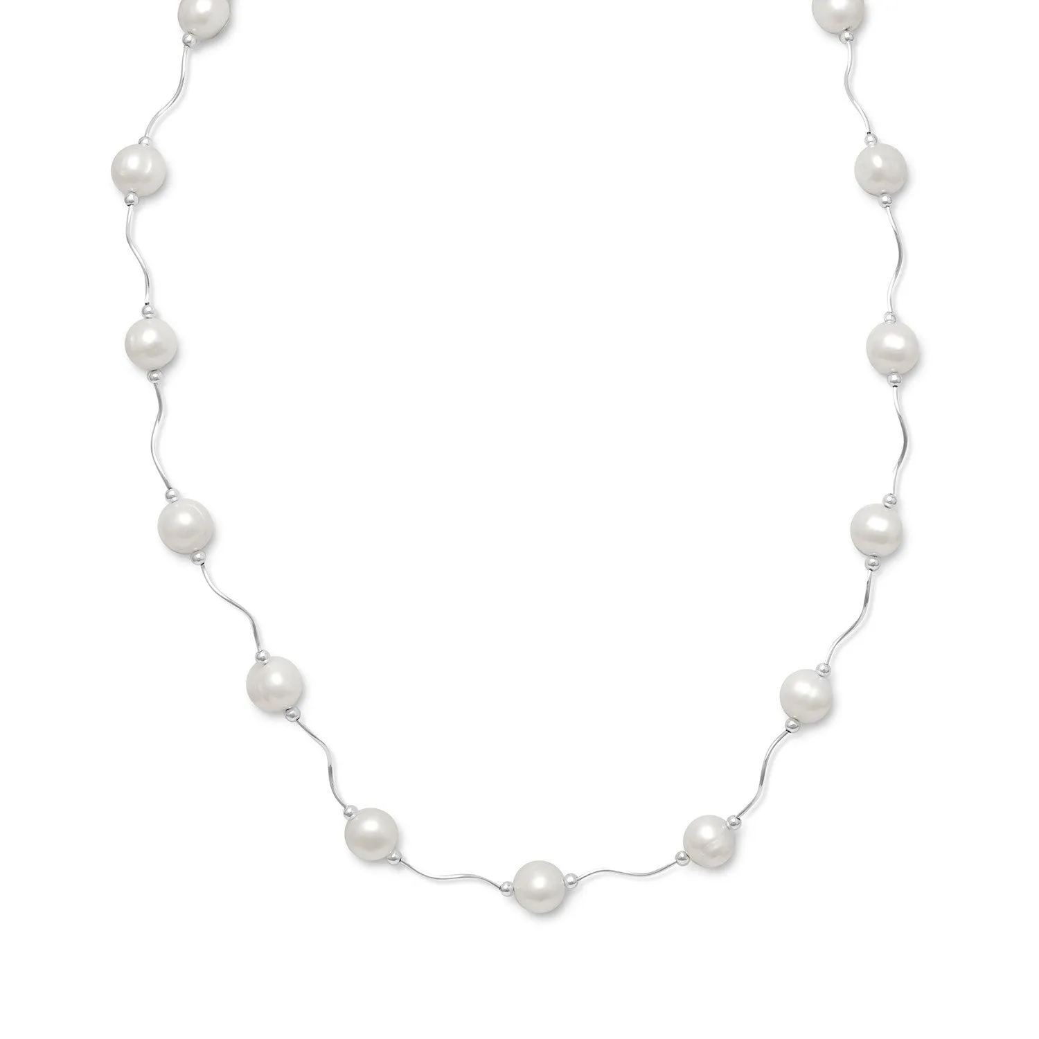 17" 2" Extension Wave Design Necklace with Cultured Freshwater Pearls