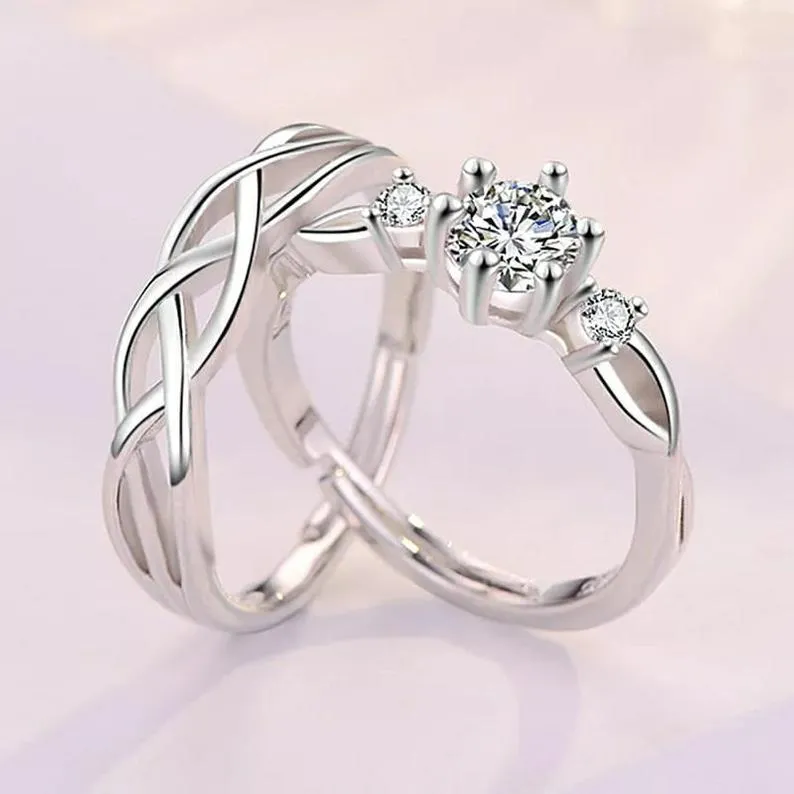 Adjustable Silver Couple Promise Braid Zircon Matching Ring set