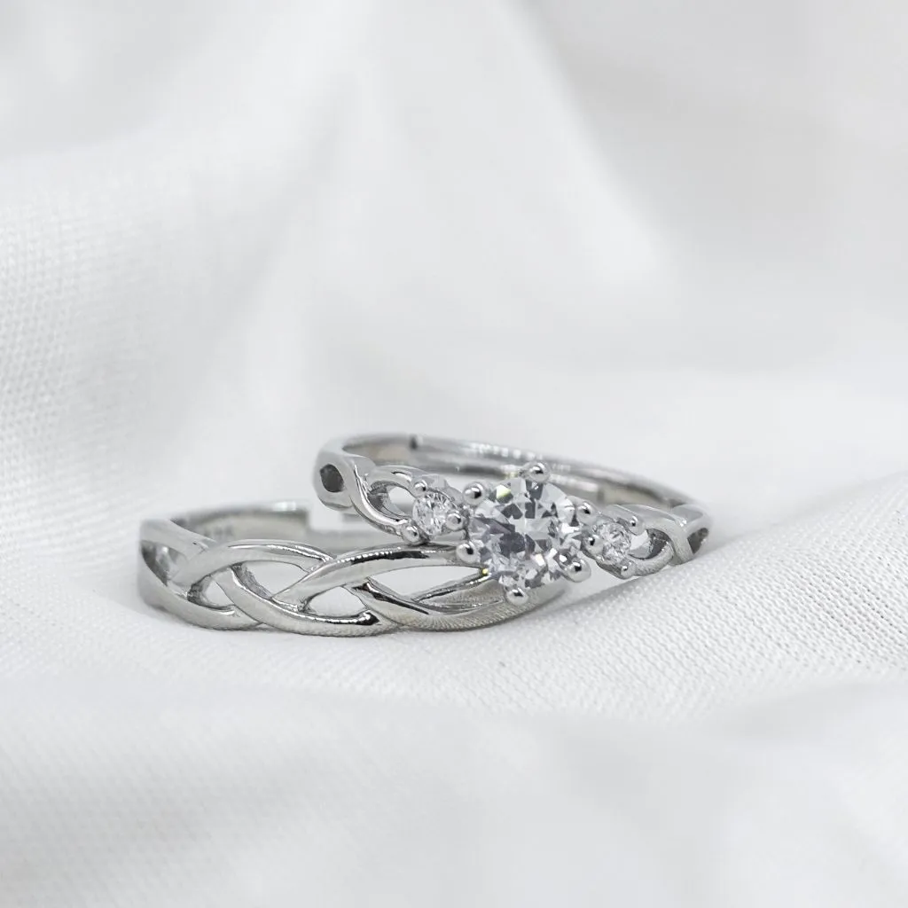 Adjustable Silver Couple Promise Braid Zircon Matching Ring set