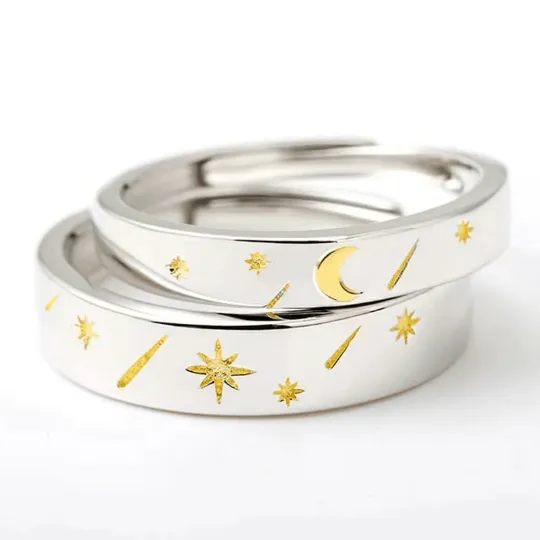 Adjustable Silver Couple Sun Star Promise Ring Set