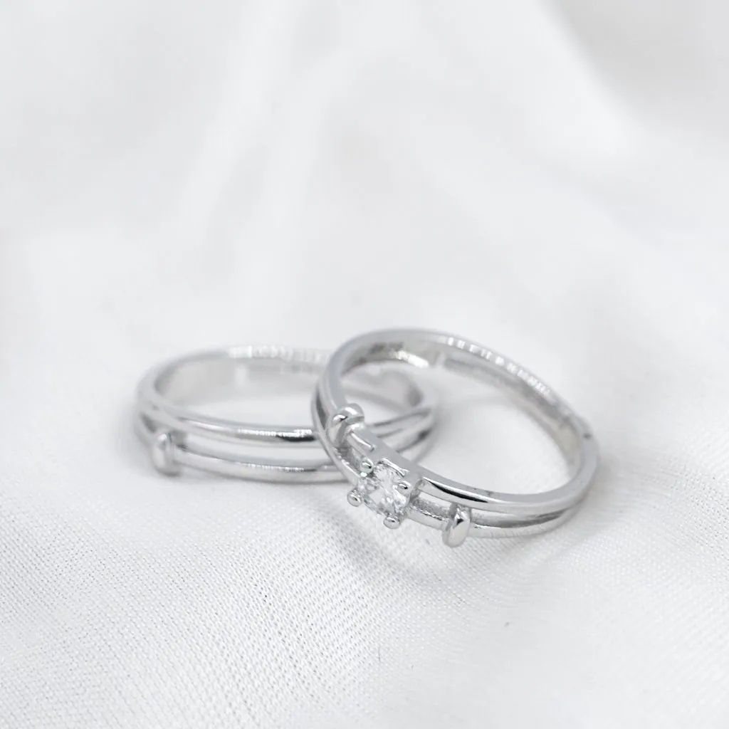 Adjustable Silver his and hers Zircon Promise Striped Ring set