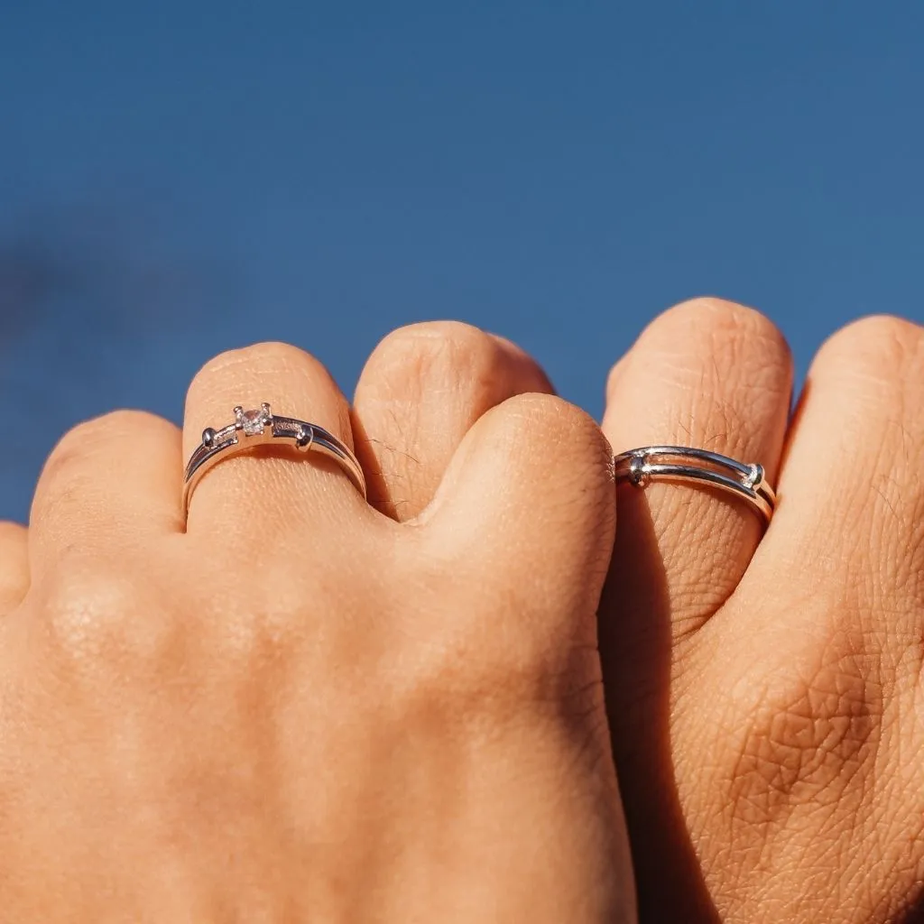 Adjustable Silver his and hers Zircon Promise Striped Ring set