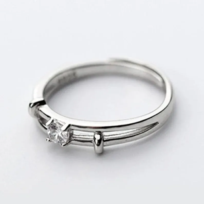 Adjustable Silver his and hers Zircon Promise Striped Ring set