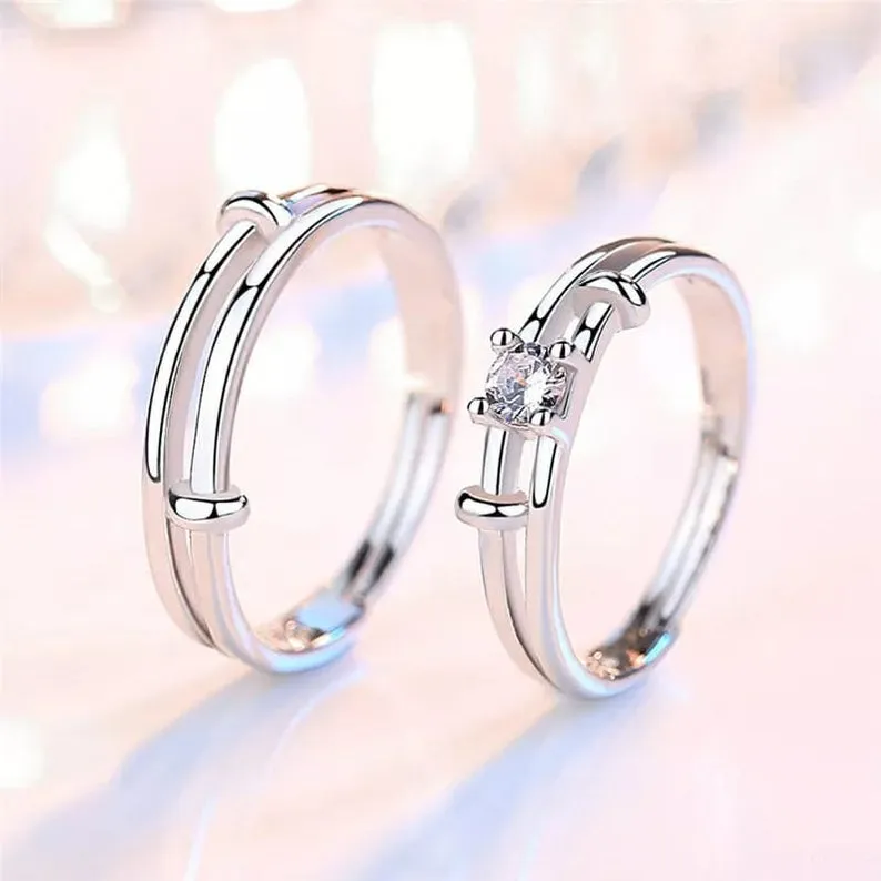 Adjustable Silver his and hers Zircon Promise Striped Ring set