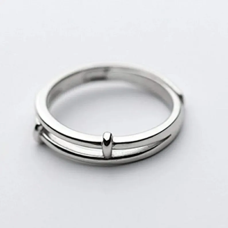 Adjustable Silver his and hers Zircon Promise Striped Ring set
