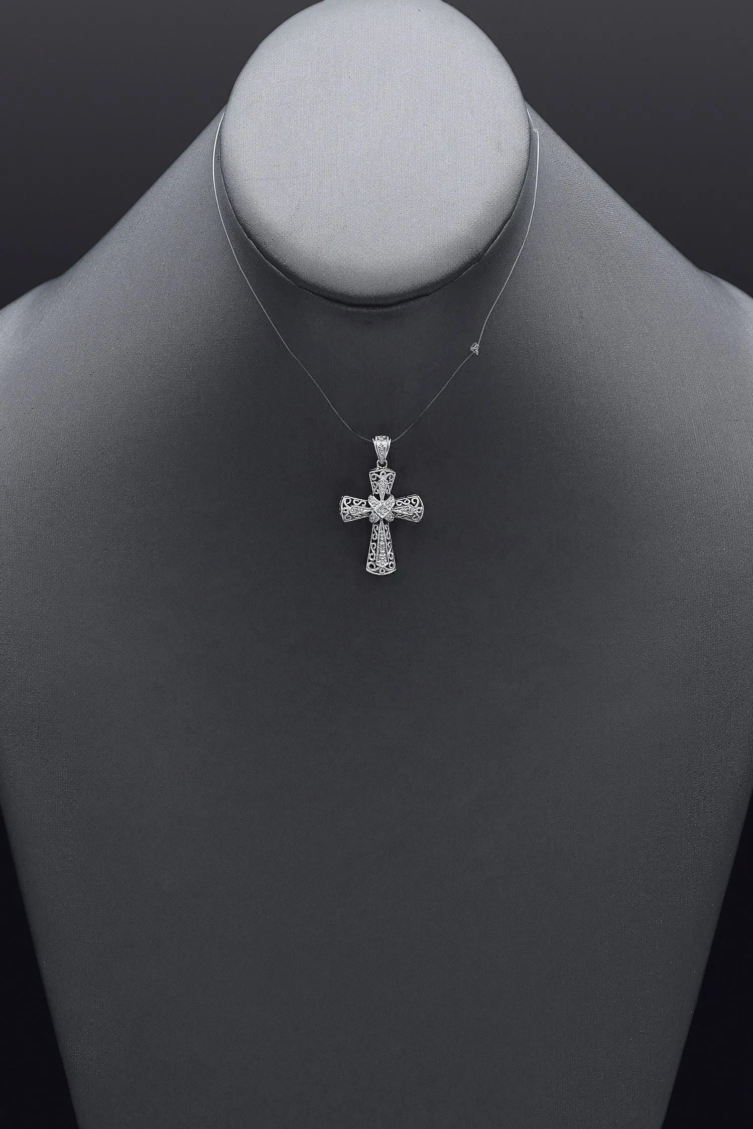 Estate 14K White Gold Diamond Filigree Cross Pendant