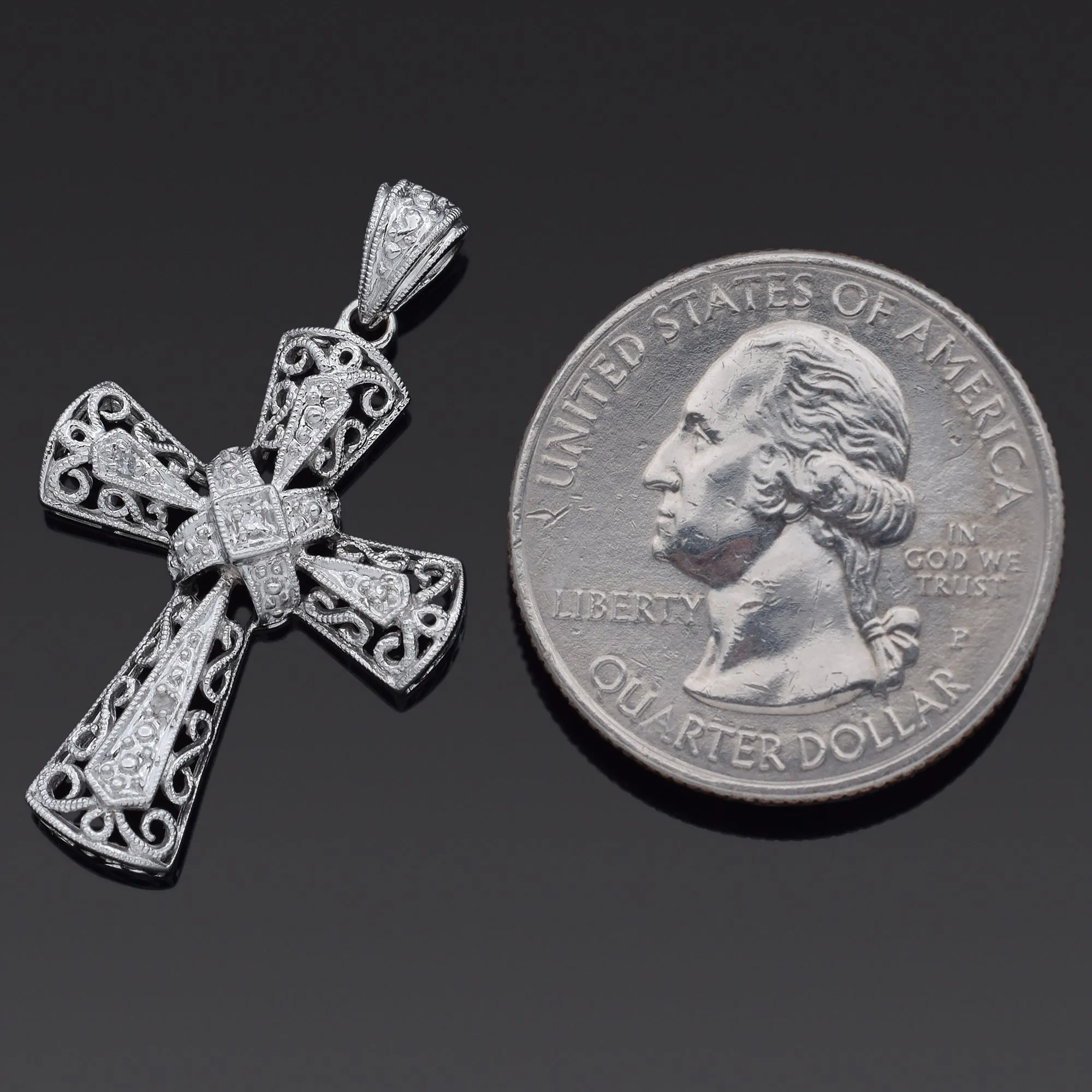 Estate 14K White Gold Diamond Filigree Cross Pendant