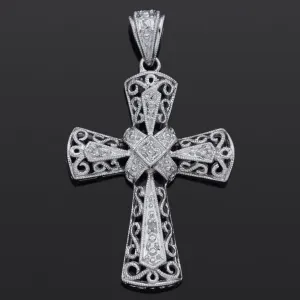 Estate 14K White Gold Diamond Filigree Cross Pendant