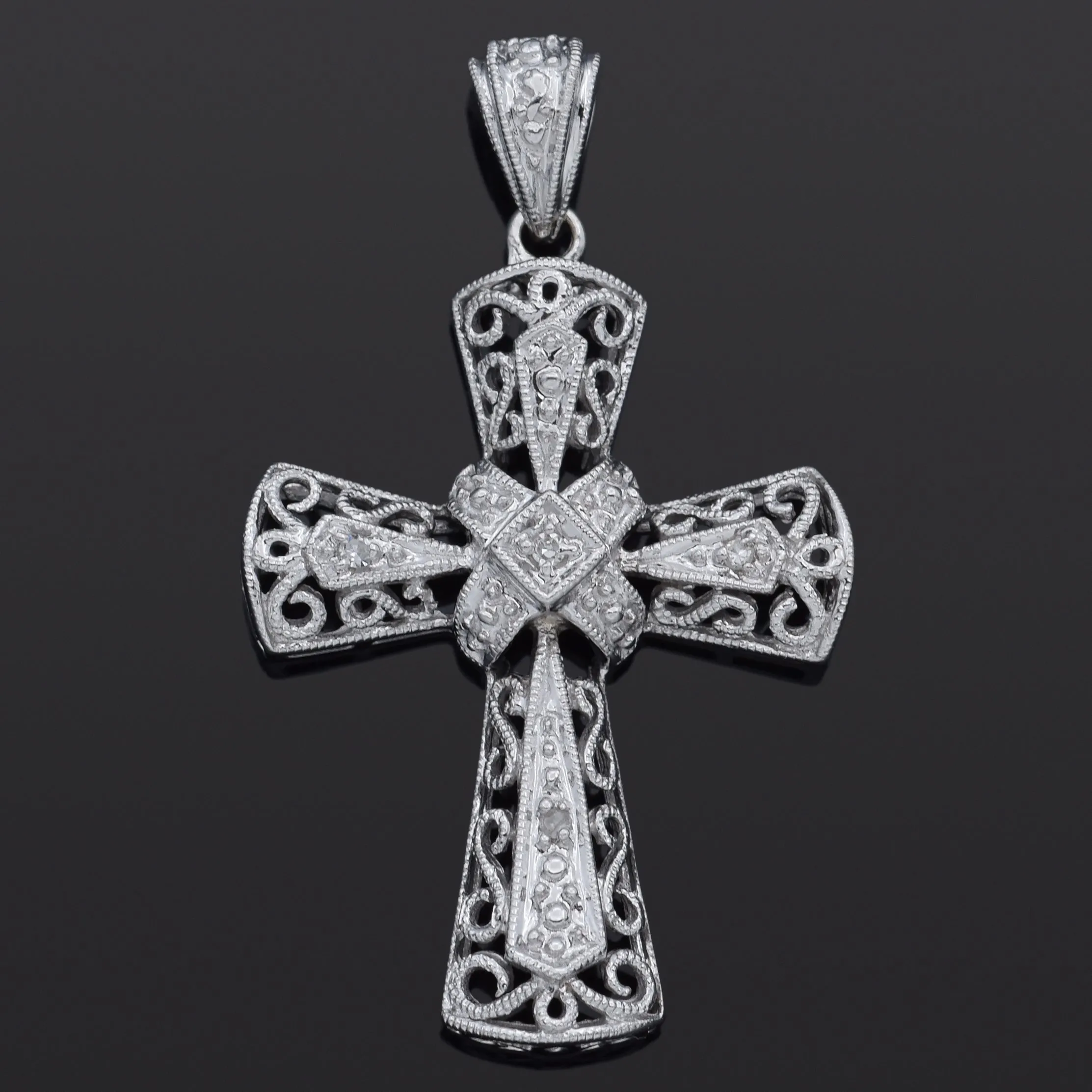 Estate 14K White Gold Diamond Filigree Cross Pendant