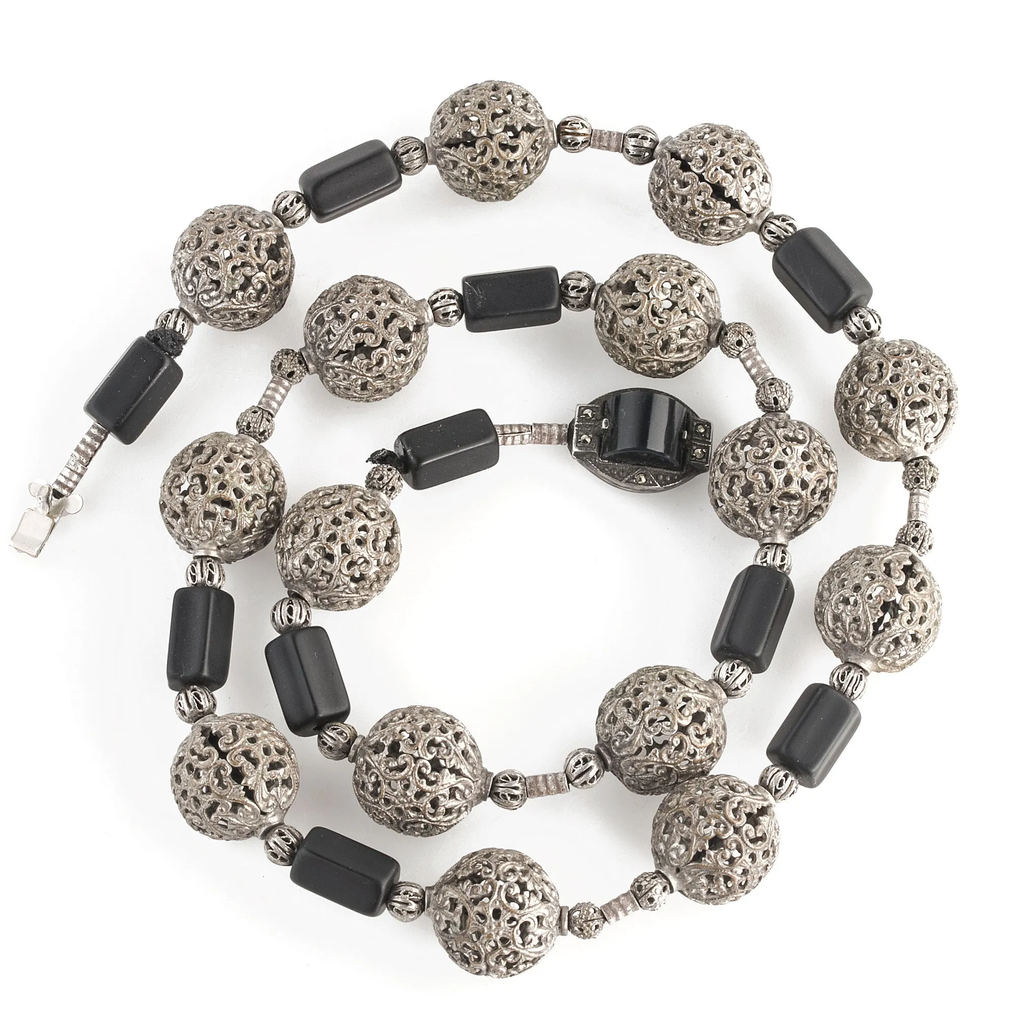 Filigree bead, matte black glass bead necklace, 23 inches. j-nlvn871