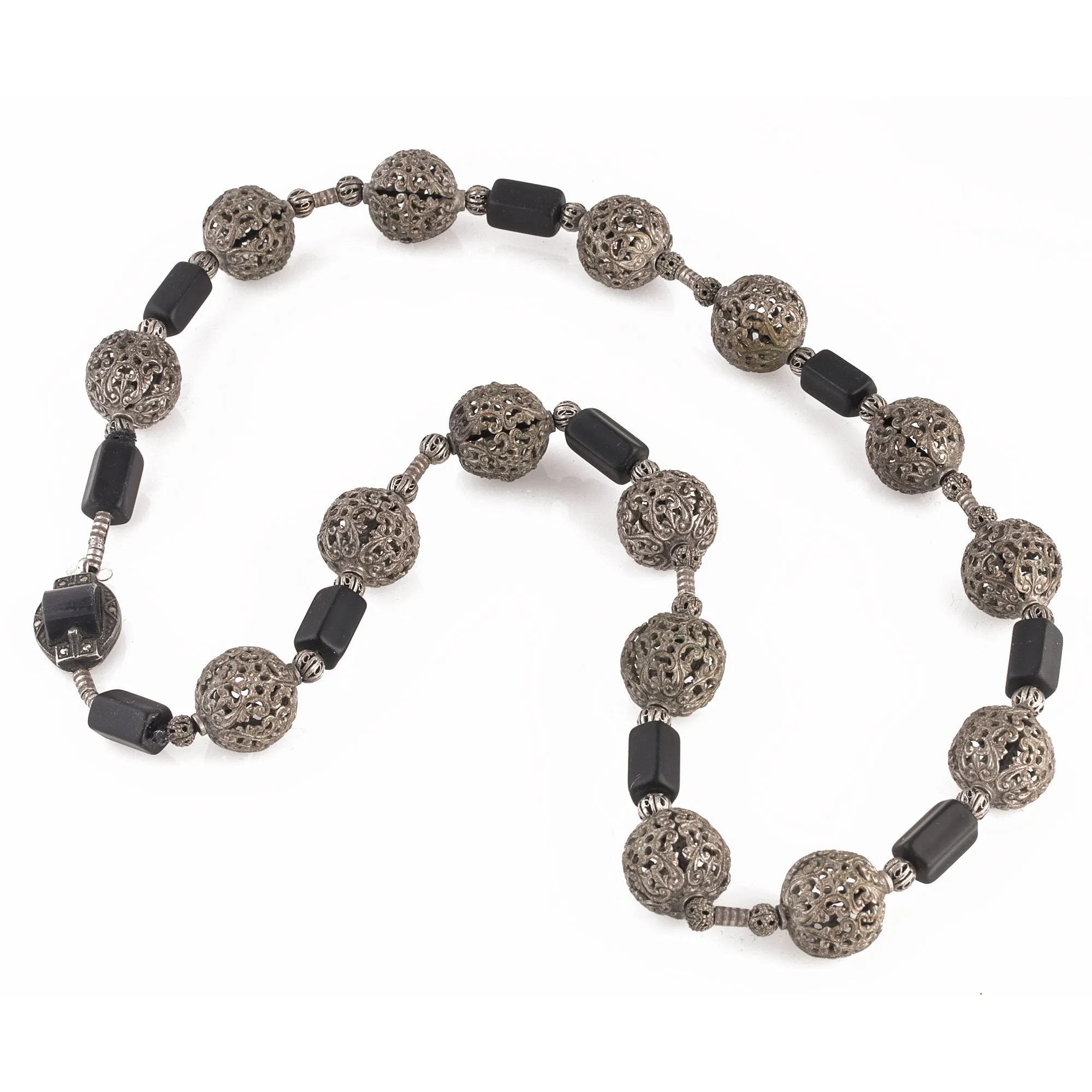 Filigree bead, matte black glass bead necklace, 23 inches. j-nlvn871