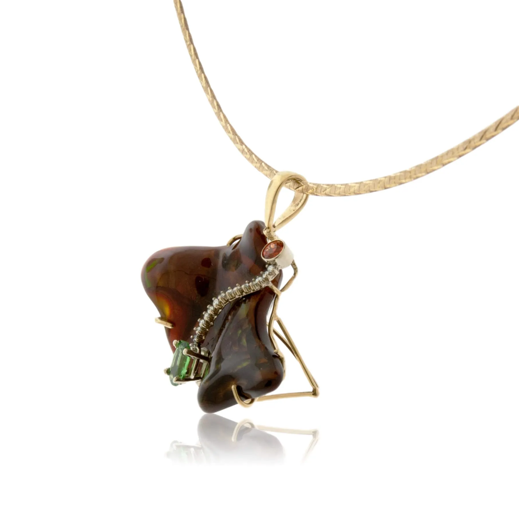Free Form Fire Agate, Orange Sapphire & Diamond Pendant