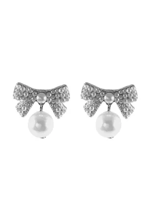 Kenze Panne Small Rhinestone Pearl Bow Stud Earrings In Silver