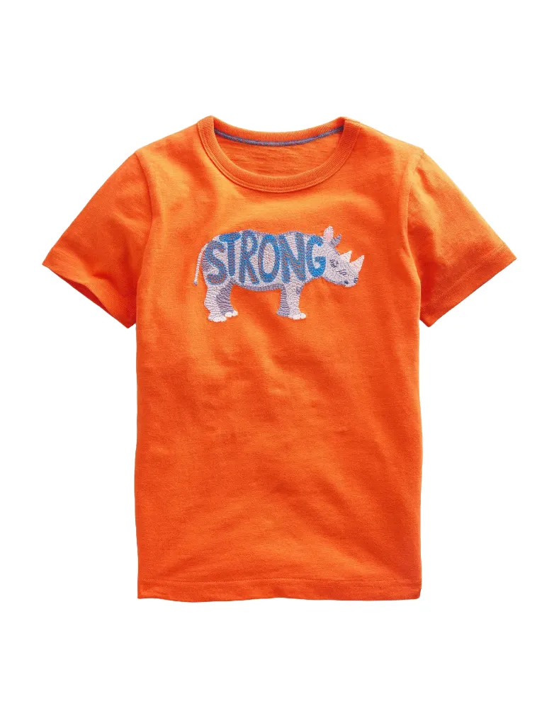 Mini Boden Kids Animal Printed Cotton T-Shirt in Fire Opal Orange Rhino
