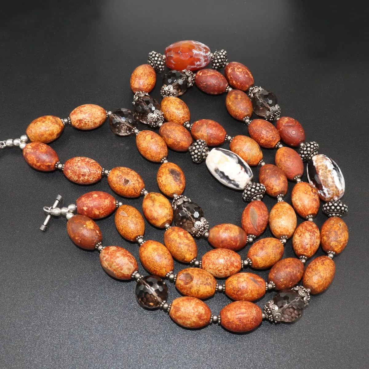 Natural Smoky Quartz, Crazy Lace Agate, Rainforest Jasper 925 Solid Sterling Silver Handmade Beaded Necklace