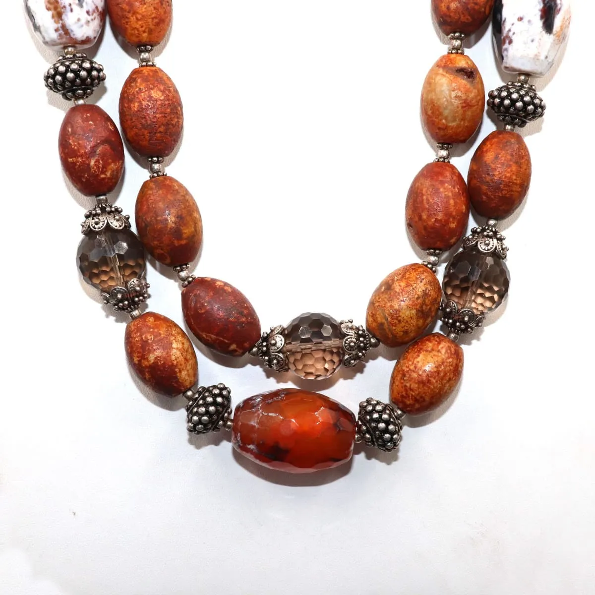Natural Smoky Quartz, Crazy Lace Agate, Rainforest Jasper 925 Solid Sterling Silver Handmade Beaded Necklace