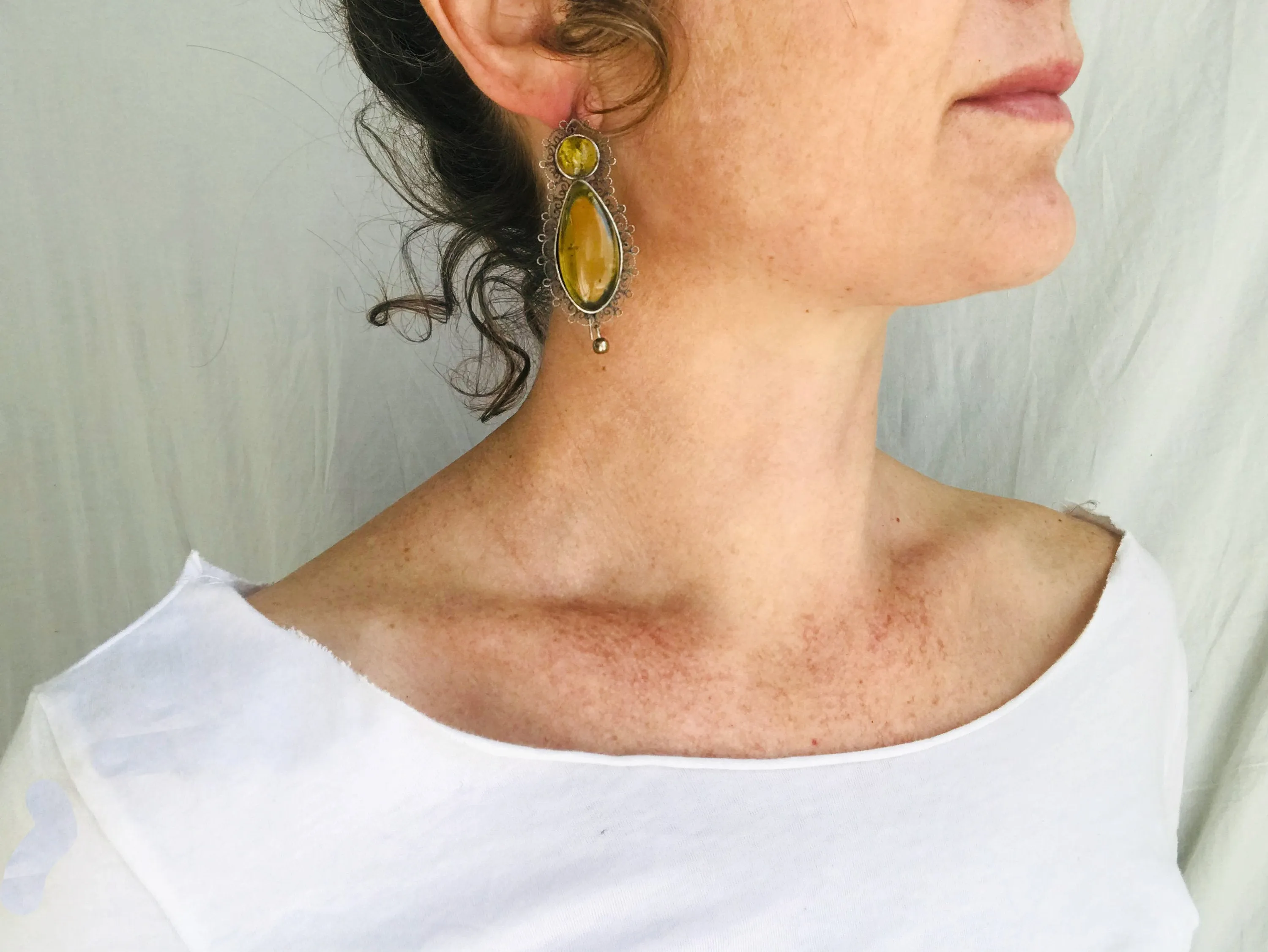 Oaxacan Filigree Earrings. Amber & Sterling Silver. Mexico. Frida Kahlo
