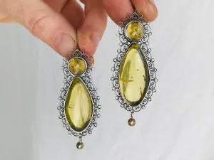Oaxacan Filigree Earrings. Amber & Sterling Silver. Mexico. Frida Kahlo