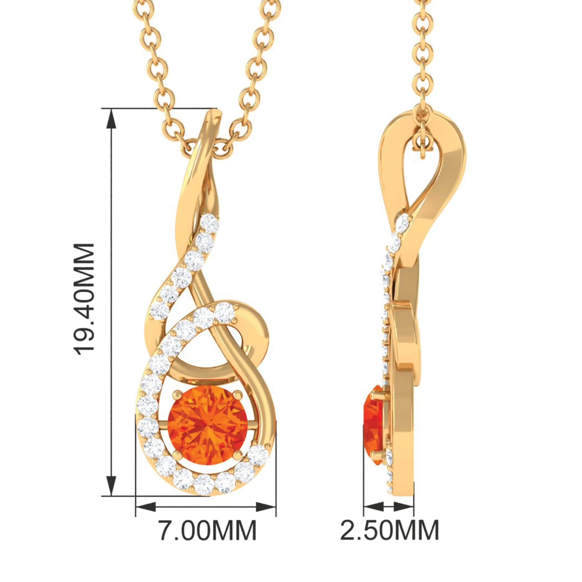Orange Sapphire Infinity Twisted Pendant with Diamond