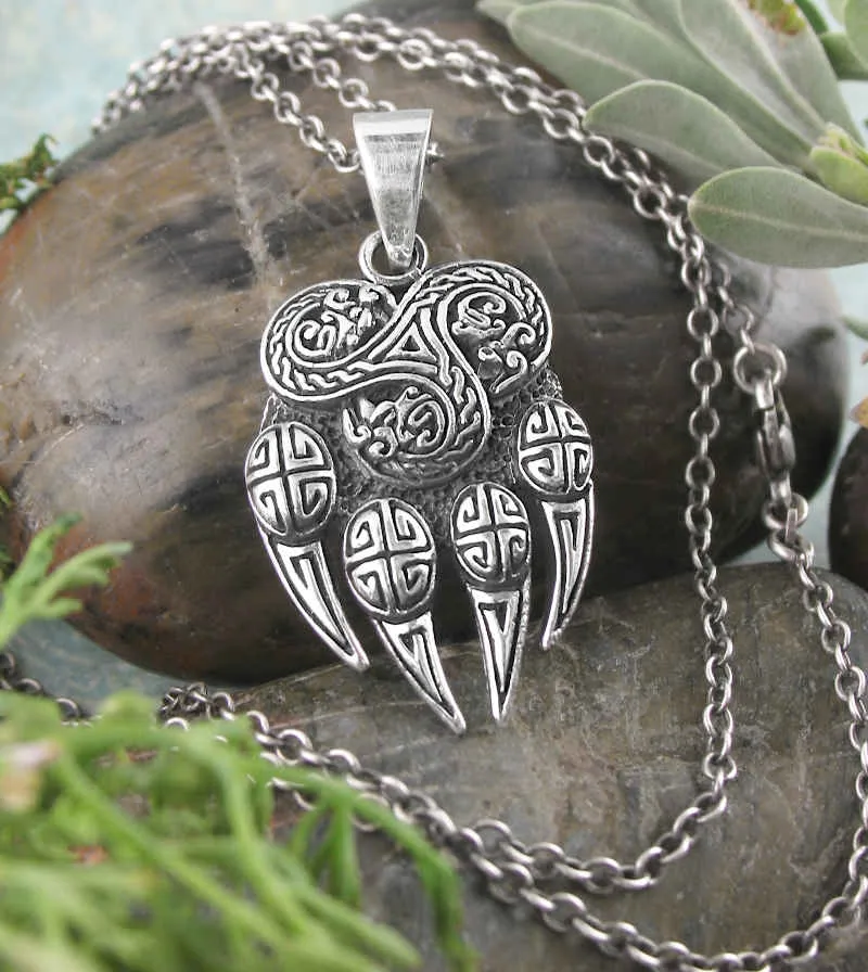 Ornate Celtic Knot Wolf Paw Pendant With Triskele, Oxidized