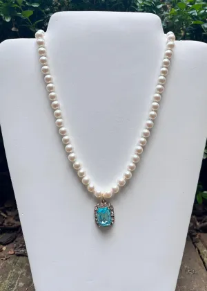 Pearl and Aqua Rhinestone Pendant Necklace