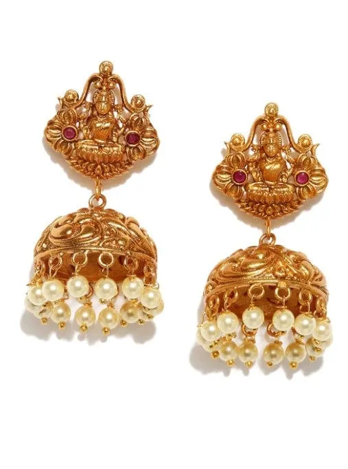 Rubans Gold Plated Ruby Studded Nakkashi Lakshmi Jhumka