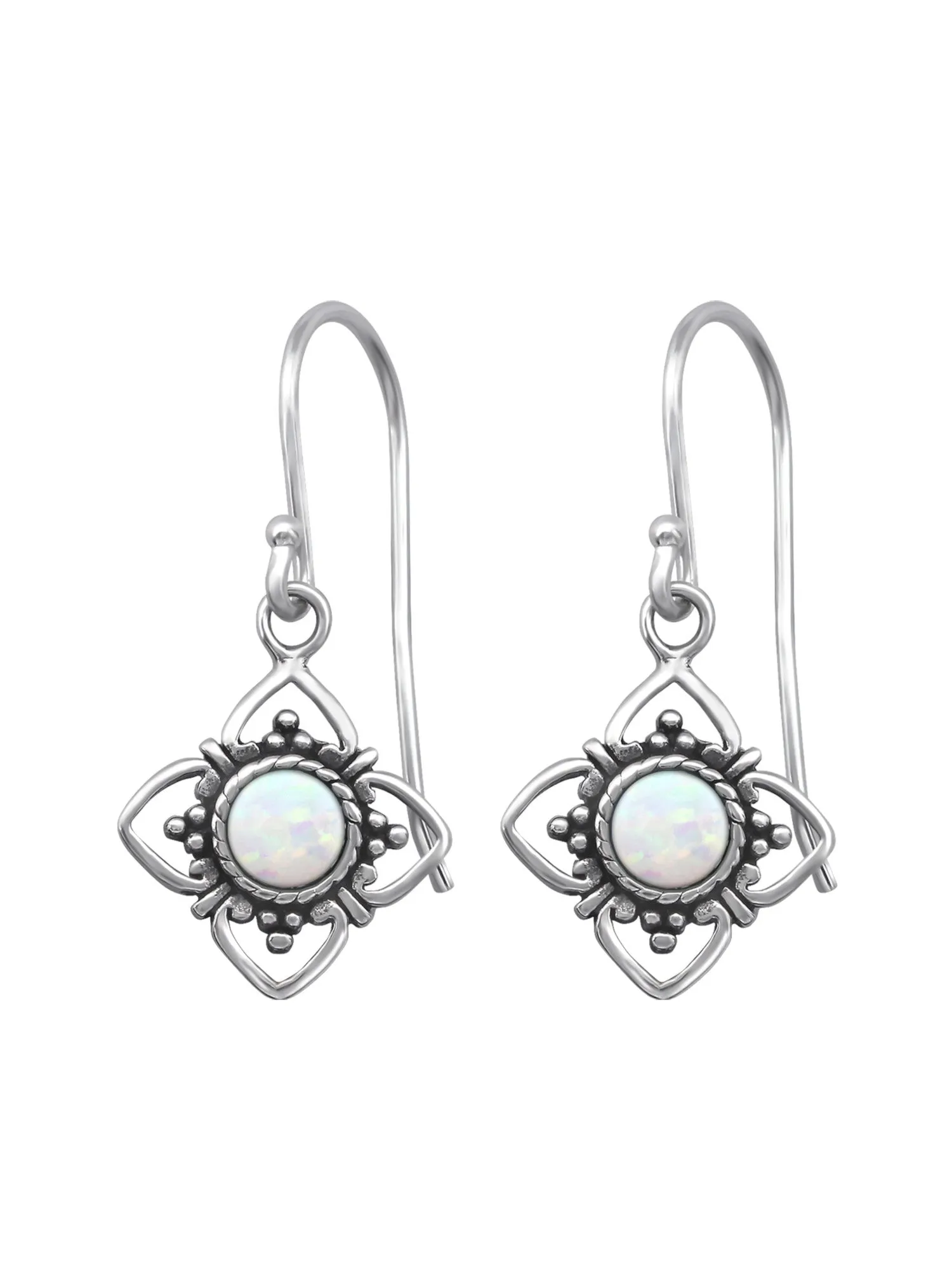 Silver Flower Earrings -  Opal - Fire Snow