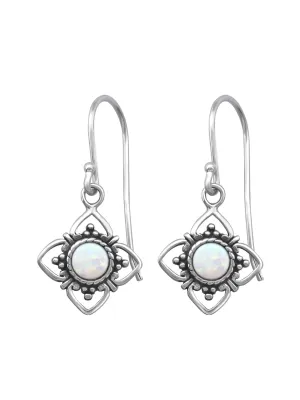 Silver Flower Earrings -  Opal - Fire Snow