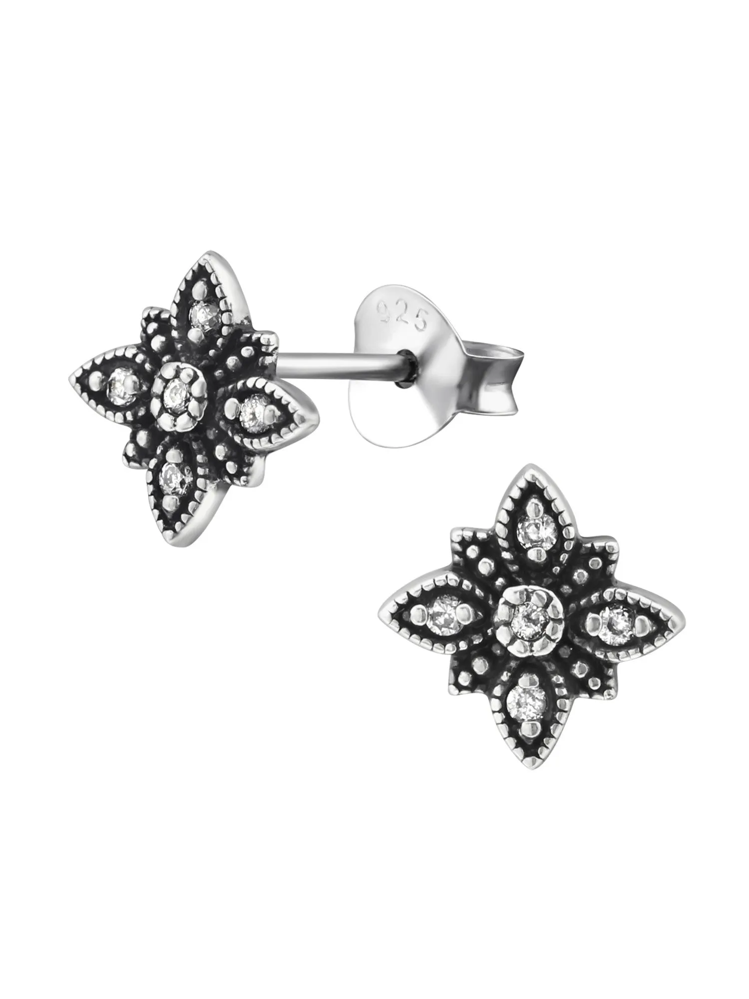 Silver Flower Stud Earrings - CZ Black Spinel Oxidized
