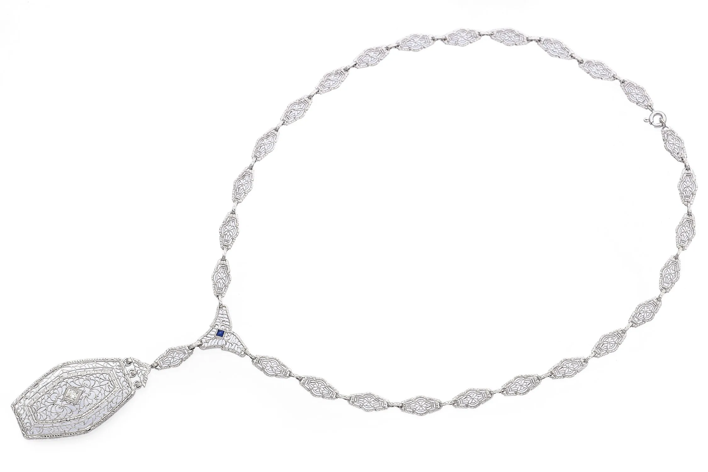 Vintage 13K White Gold Sapphire & Diamond Filigree Pendant Necklace