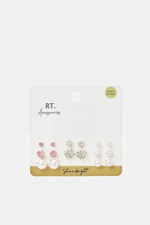 Women Silver Embellished Stud Set (8 Pairs)