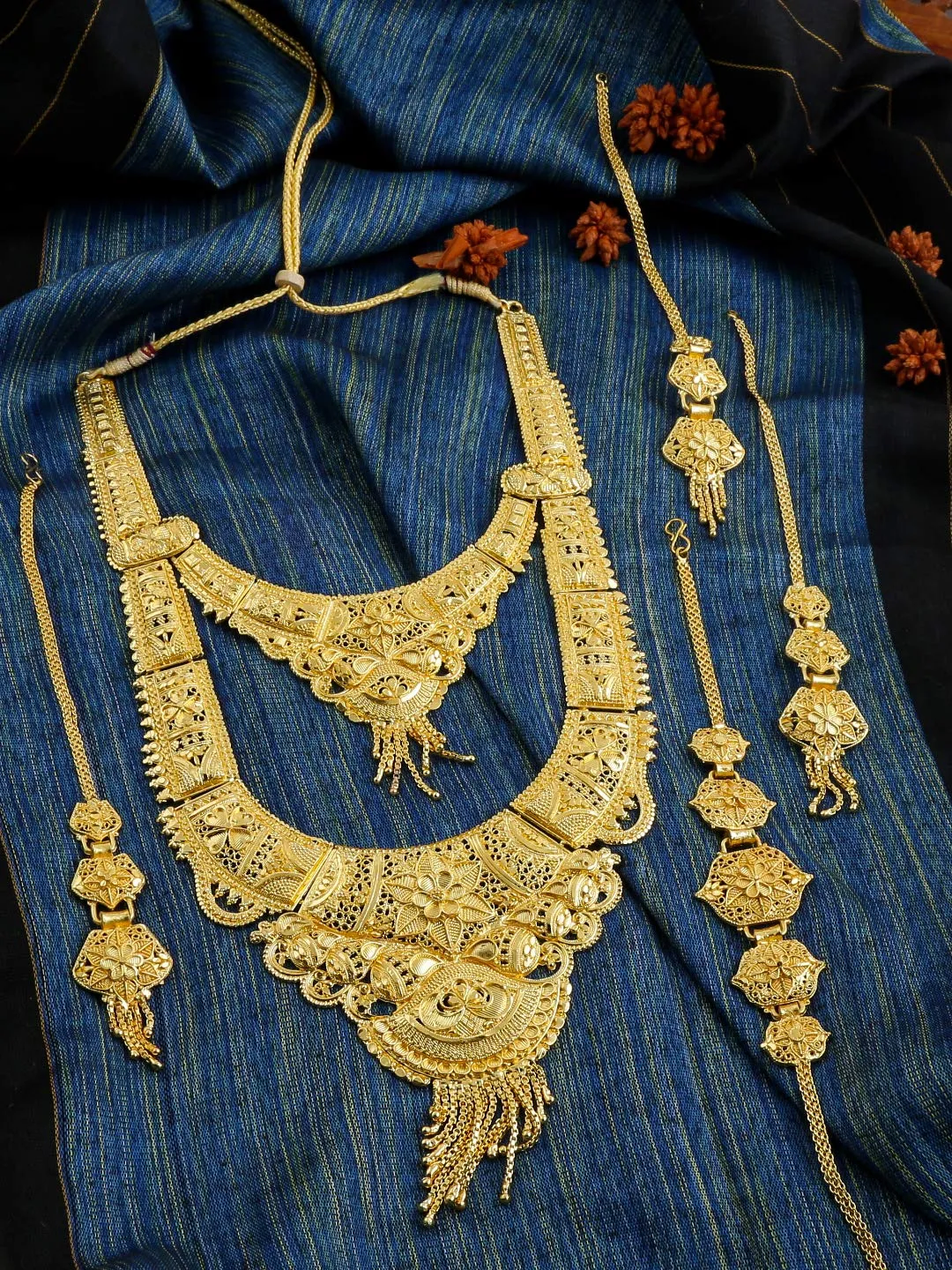 Yellow Chimes Ethnic One Gram Gold Designer Antique Golden Long Traditional Wedding Necklace set Jewellery Set for Women & Girls