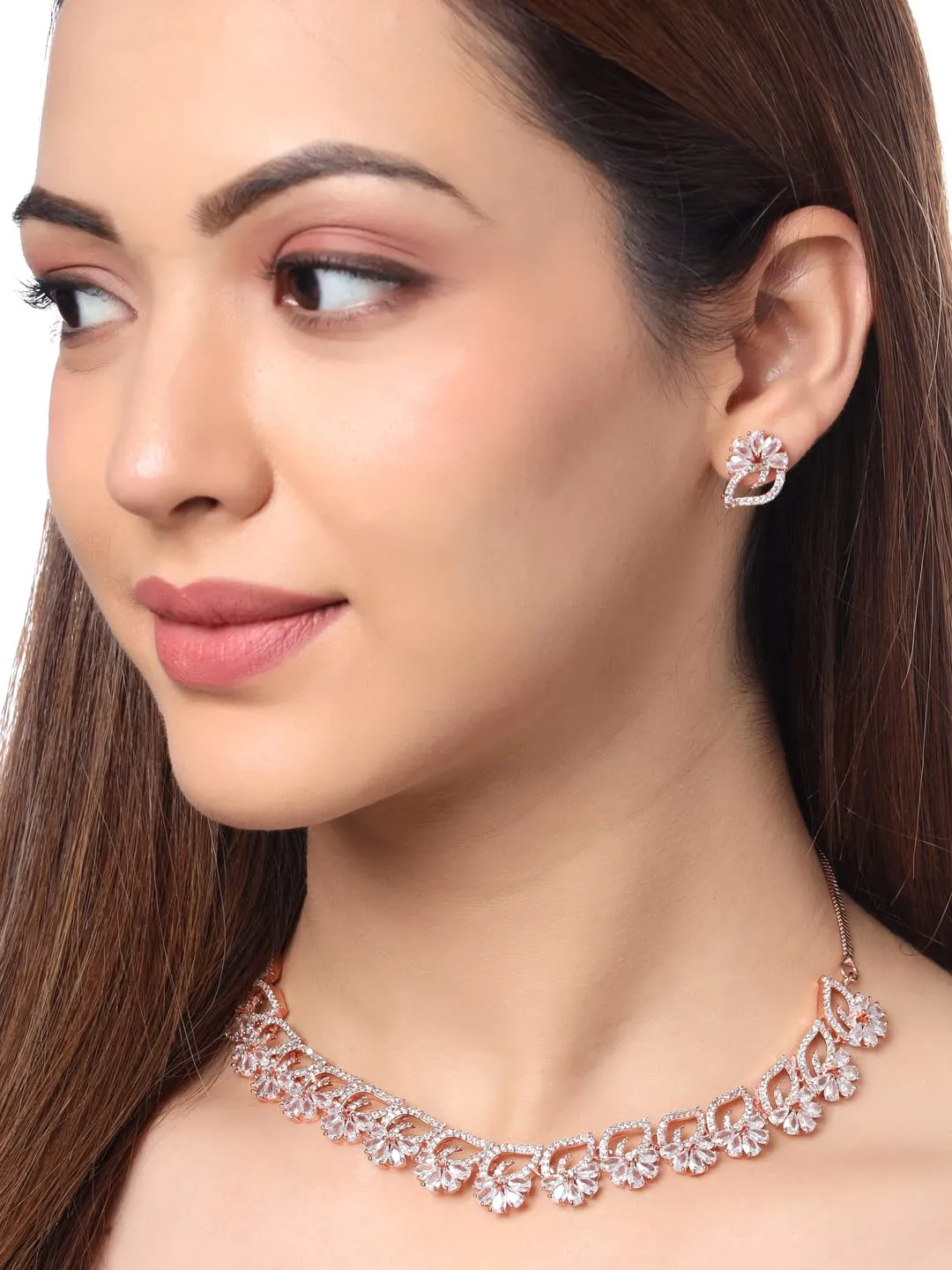 Yellow Chimes Jewellery Set For Women Rose Gold Toned AD/American Diamond Studded Necklace Set For Women and Girls